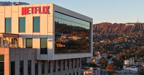 An aerial view of the Netflix logo displayed at Netflix studios, with the Hollywood sign in the distance, in Los Angeles, California, U.S., Dec. 5, 2025. (AFP Photo)