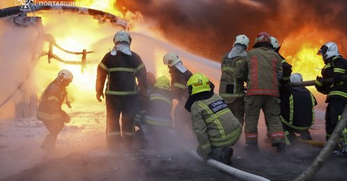 A handout photo made available by the State Emergency Service shows Ukrainian rescuers working at the site of the overnight Russian missile and drone strikes in the Poltava region of Ukraine, Dec. 7, 2025. (EPA Photo)