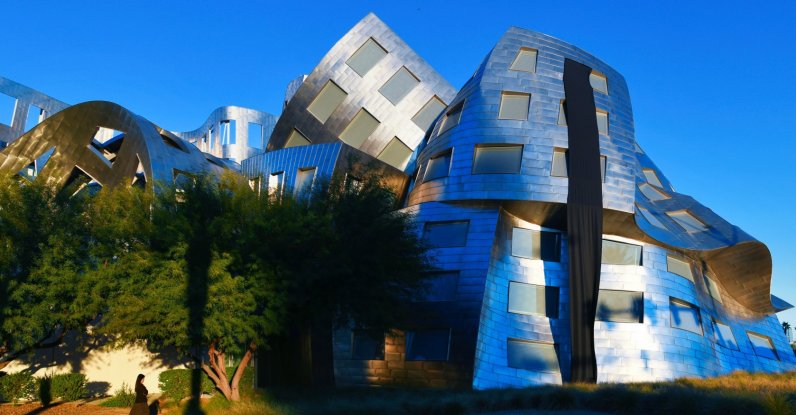 The Frank Gehry-designed Cleveland Clinic Lou Ruvo Center for Brain Health is seen with a black sash, Las Vegas, U.S., Dec. 5, 2025. (AP Photo)