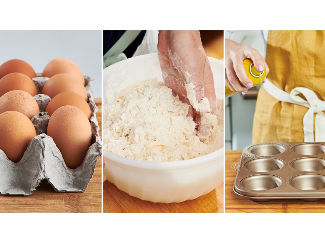 This combination of photos shows eggs, shortbread dough and a muffin tin being prepped for baking. (AP Photo)