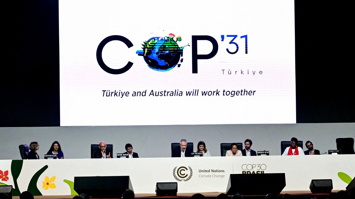 A screen shows the COP31 logo organized by Türkiye and Australia during the U.N. Climate Change Conference (COP30), Belem, Para state, Brazil, Nov. 22, 2025. (AFP Photo)