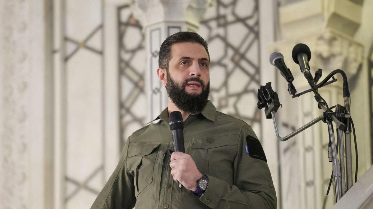 Syrian President Ahmed al-Sharaa speaks during the anniversary of the ousting of longtime dictator Bashar Assad, Umayyad Mosque, Damascus, Syria, Dec. 8, 2025. (AFP Photo)