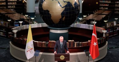 President Recep Tayyip Erdoğan addresses a meeting gathering the Pope and representatives of Türkiye&#039;s authorities, civil society and diplomatic corps as part of the Pope&#039;s official visit, the National Library, Ankara, Türkiye, Nov. 27, 2025. (AFP Photo)
