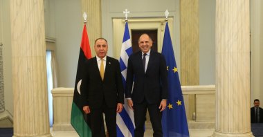 Greek Foreign Minister Giorgos Gerapetritis (R) welcomes his Libyan counterpart Taher Salem Al Baour (L) during their meeting, Athens, Greece, Sept. 17, 2025. (EPA Photo)