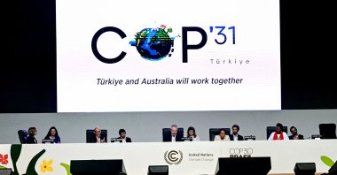 A screen shows the COP31 logo organized by Türkiye and Australia during the U.N. Climate Change Conference (COP30), Belem, Para state, Brazil, Nov. 22, 2025. (AFP Photo)