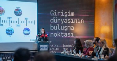 Take Off Startup Summit Director Irem Bayraktar Aksakal speaks during a press briefing, Istanbul, Türkiye, Dec. 8, 2025. (Courtesy of T3 Foundation)