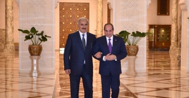 Egyptian President Abdel Fattah el-Sissi and east-based Libyan commander Khalifa Haftar meet in Cairo, Dec. 8, 2025. (AA Photo)