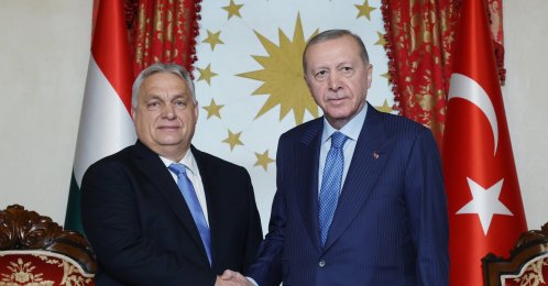 President Recep Tayyip Erdoğan welcomes Hungarian Prime Minister Viktor Orban at the Dolmabahçe Palace in Istanbul, Türkiye, Dec. 8, 2025. (AA Photo)