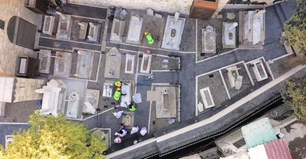 An aerial view of the Ottoman-era cemetery inside the courtyard of the Sheikh Muhyiddin Ibn Arabi Mosque in Damascus in this screen grab taken from a video on Dec. 8, 2025.