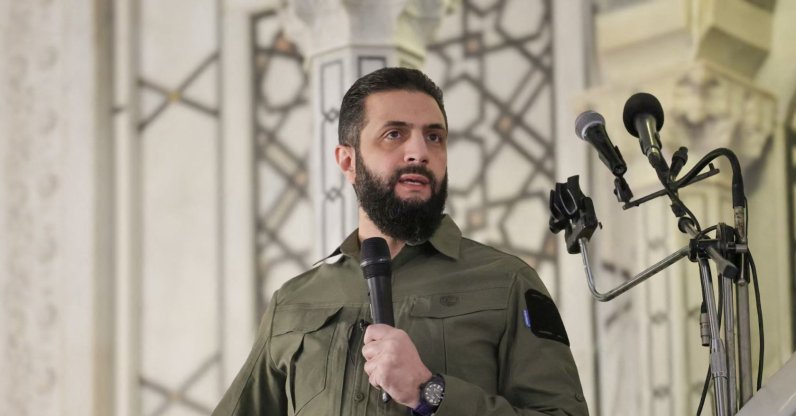 Syrian President Ahmed al-Sharaa speaks during the anniversary of the ousting of longtime dictator Bashar Assad, Umayyad Mosque, Damascus, Syria, Dec. 8, 2025. (AFP Photo)