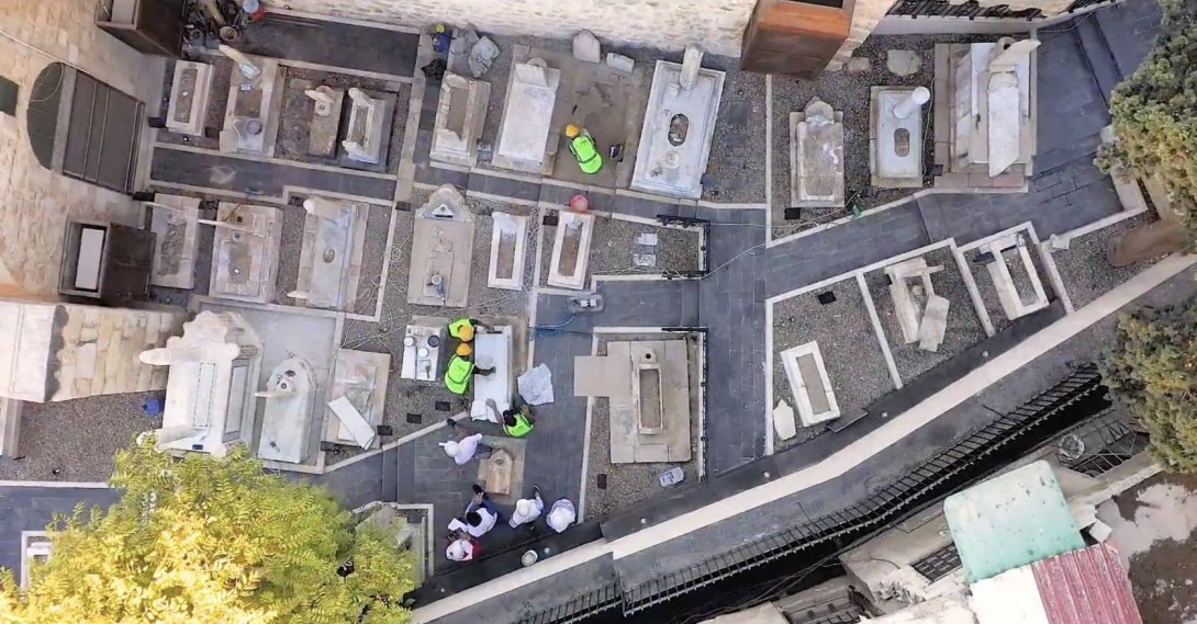 An aerial view of the Ottoman-era cemetery inside the courtyard of the Sheikh Muhyiddin Ibn Arabi Mosque in Damascus in this screen grab taken from a video on Dec. 8, 2025.