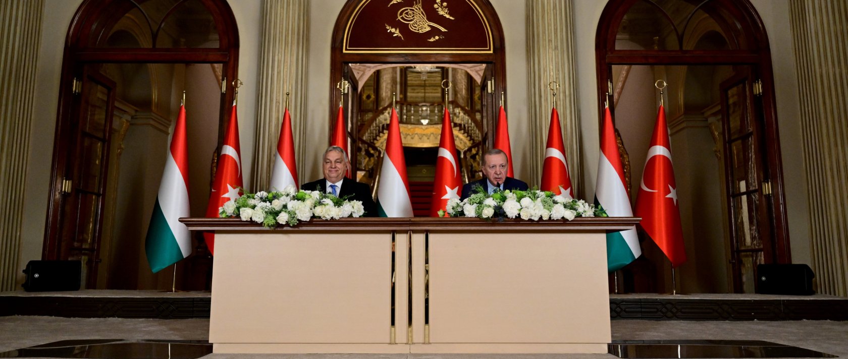 President Recep Tayyip Erdoğan and Hungarian Prime Minister Viktor Orban attend joint news conference at the Dolmabahçe Presidential Office in Istanbul, Dec. 8, 2025. (AA Photo)