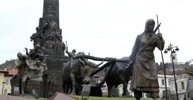 This undated photograph shows the Atatürk and Şerife Bacı monument in the city center of Kastamonu, Türkiye. (AA Photo)