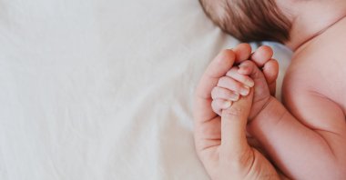 A close-up of a newborn’s hand held by the mother. (Shutterstock Photo)