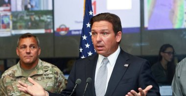 Florida Governor Ron DeSantis speaks about Hurricane Helene as Adjutant General of Florida Major General John Haas looks on during a press briefing at the Emergency Operations Center in Tallahassee, Florida, U.S., Sept. 26, 2024. (Reuters File Photo)