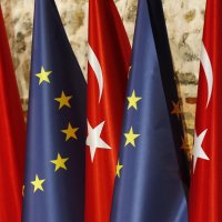 Türkiye&#039;s and European flags prior to the opening session of a high-level meeting between EU and Türkiye, in Istanbul, Feb. 28, 2019. (AP File Photo)