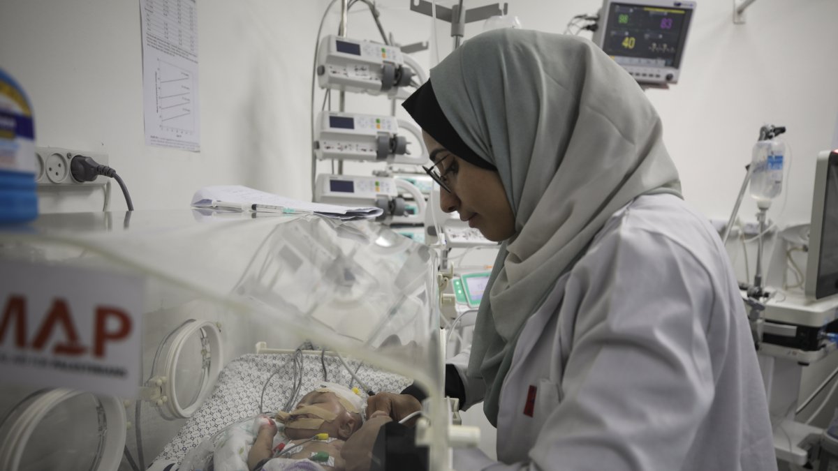 A two-month-old Palestinian baby, Eila Sarsak, receives treatment in an incubator at the Patient Friends Hospital, where she has been in intensive care for ten days due to the effects of the cold weather, Gaza City,  Palestine, Feb. 25, 2025. (AP Photo)