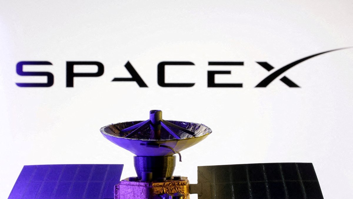 SpaceX logo and miniature satellite model are seen in this illustration created on March 10, 2025. REUTERS/Dado Ruvic/Illustration/File Photo