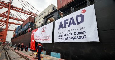 A vessel transporting tents supplied under the coordination of Türkiye’s Disaster and Emergency Management Authority (AFAD) sets sail from the Port of Mersin en route to Sudan, Mersin, Türkiye, Dec. 6, 2025. (AA Photo)