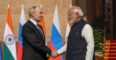 Indian Prime Minister Narendra Modi (R) and Russian President Vladimir Putin shake hands prior to a meeting at Hyderabad House, New Delhi, India, Dec. 5, 2025. (EPA Photo)