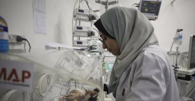 A two-month-old Palestinian baby, Eila Sarsak, receives treatment in an incubator at the Patient Friends Hospital, where she has been in intensive care for ten days due to the effects of the cold weather, Gaza City,  Palestine, Feb. 25, 2025. (AP Photo)