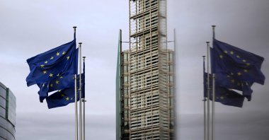 European flags flutter in the European district in Brussels, Belgium, Dec. 2, 2025. (AFP Photo)