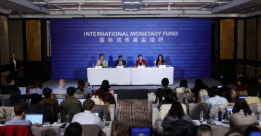 International Monetary Fund (IMF) Managing Director Kristalina Georgieva, Director of Asia and Pacific Department Krishna Srinivasan and China Mission Chief of Asia and Pacific Department Sonali Jain-Chandra attend a press conference, Beijing, China, Dec. 10, 2025. (Reuters Photo)