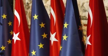 Türkiye&#039;s and European flags prior to the opening session of a high-level meeting between EU and Türkiye, in Istanbul, Feb. 28, 2019. (AP File Photo)