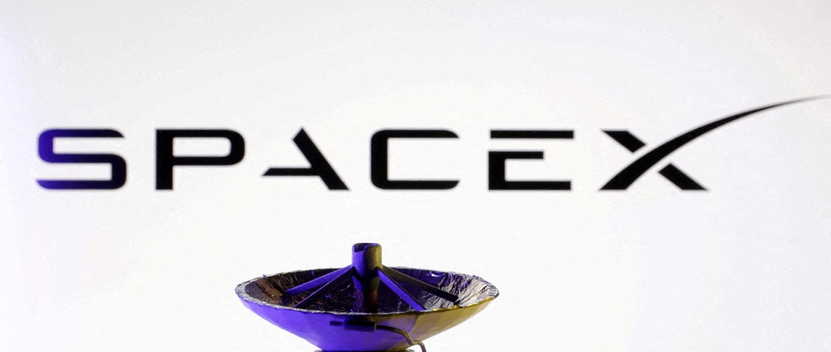 SpaceX logo and miniature satellite model are seen in this illustration created on March 10, 2025. REUTERS/Dado Ruvic/Illustration/File Photo