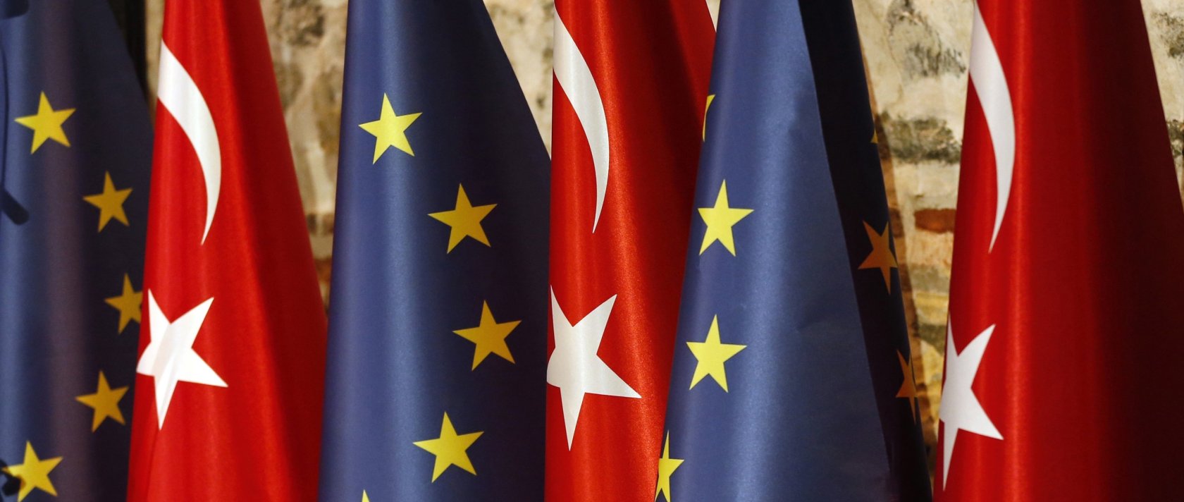 Türkiye&#039;s and European flags prior to the opening session of a high-level meeting between EU and Türkiye, in Istanbul, Feb. 28, 2019. (AP File Photo)