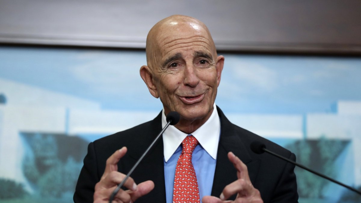 U.S. Ambassador to Türkiye and Special Envoy to Syria Tom Barrack speaks during a news conference following a meeting with Lebanese President Joseph Aoun, Beirut, Lebanon, Aug. 26, 2025. (EPA Photo)