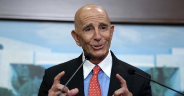 U.S. Ambassador to Türkiye and Special Envoy to Syria Tom Barrack speaks during a news conference following a meeting with Lebanese President Joseph Aoun, Beirut, Lebanon, Aug. 26, 2025. (EPA Photo)