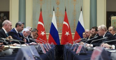 Russian President Vladimir Putin (R) speaks with President Recep Tayyip Erdoğan during their meeting on the sidelines of a summit, Tianjin, China, Sept. 1, 2025. (AP Photo)