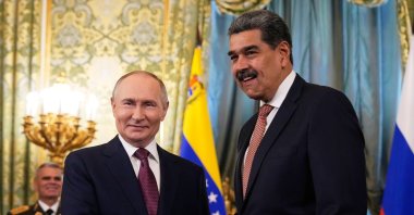 Russian President Vladimir Putin (L) shakes hands with Venezuelan President Nicolas Maduro during their meeting at the Kremlin, Moscow, Russia, May 7, 2025. (EPA Photo)