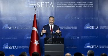 Foreign Minister Hakan Fidan delivers opening remarks at the “Syria After One Year: Recovery and Reconstruction” conference hosted by the Foundation for Political, Economic and Social Research (SETA), Dec. 10, 2025. (AA Photo)