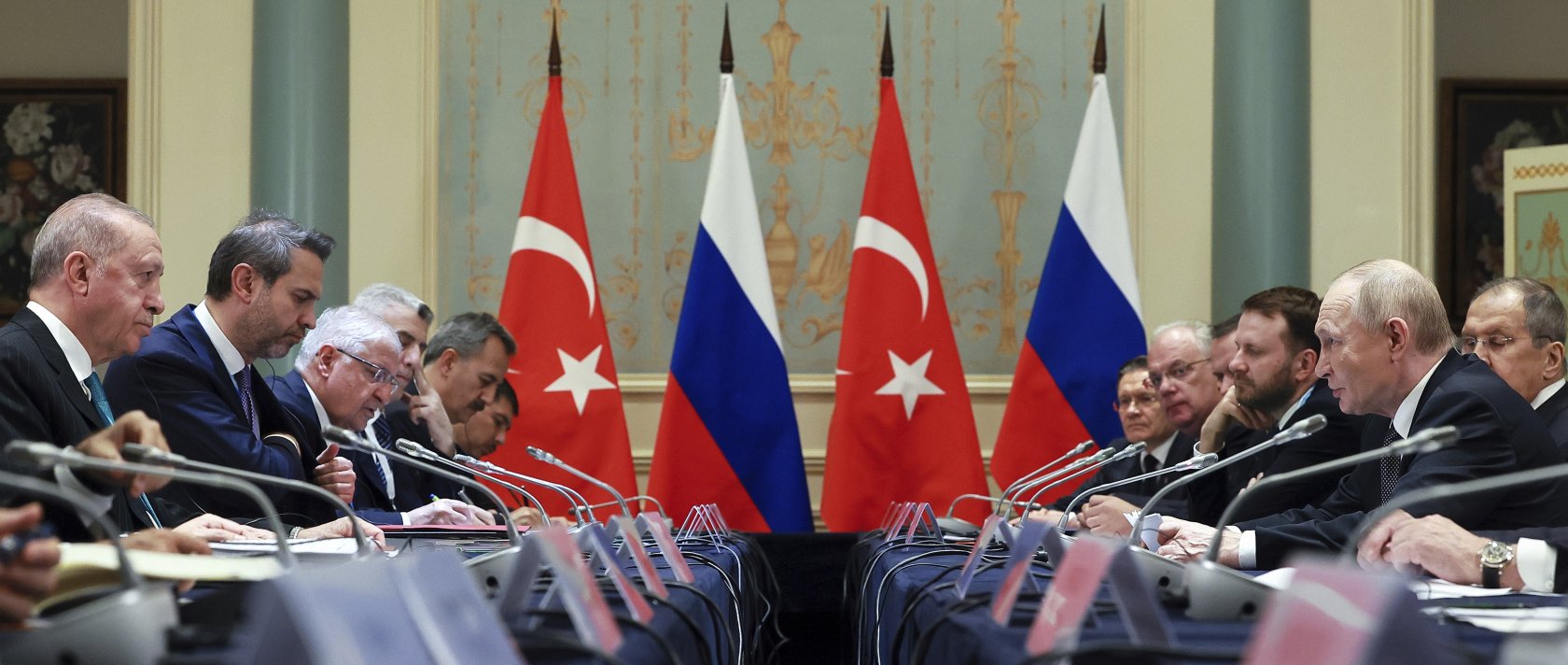 Russian President Vladimir Putin (R) speaks with President Recep Tayyip Erdoğan during their meeting on the sidelines of a summit, Tianjin, China, Sept. 1, 2025. (AP Photo)