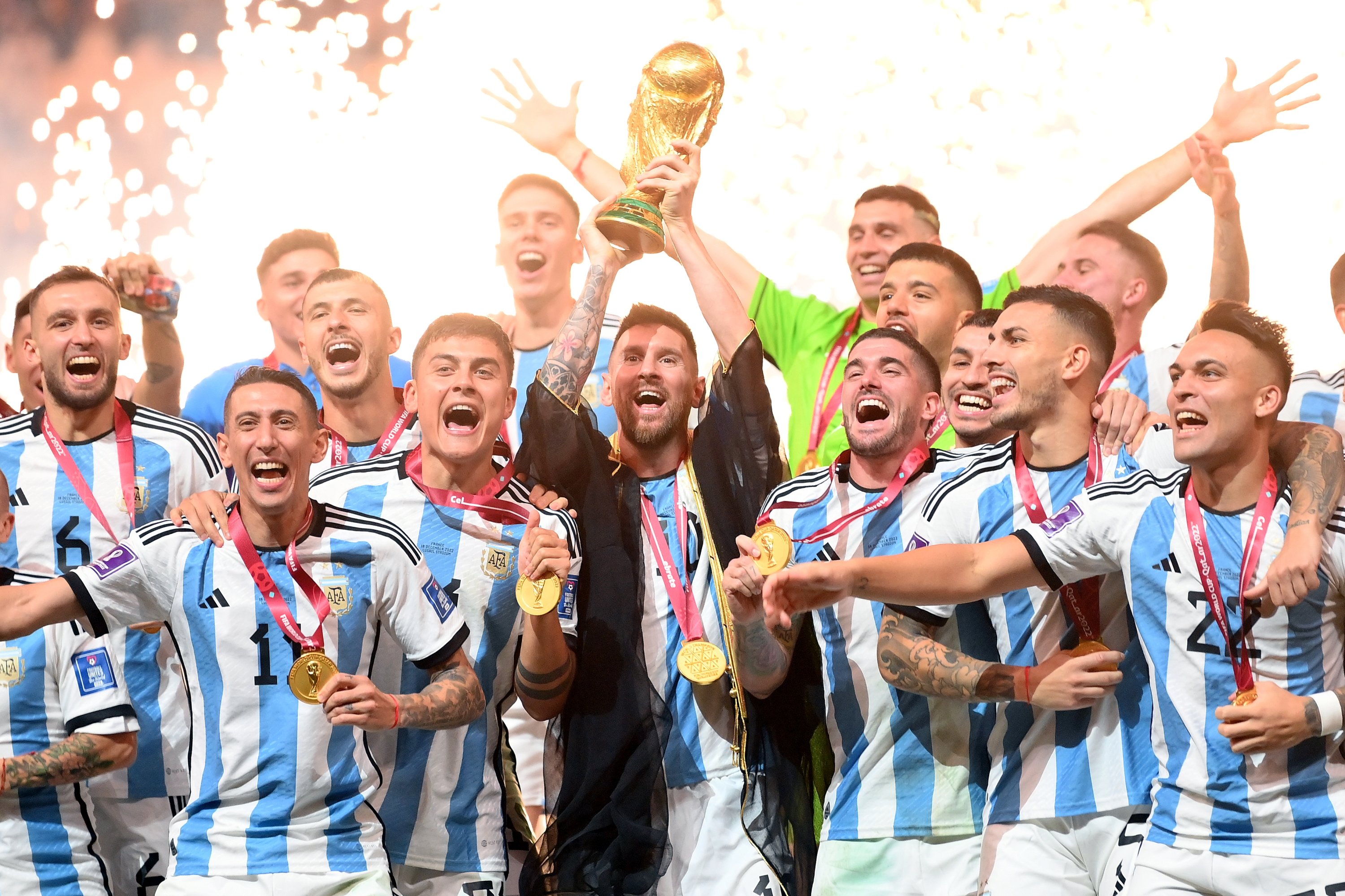 Argentina's Lionel Messi lifts the FIFA World Cup Qatar 2022 Winner's Trophy following the FIFA World Cup Qatar 2022 Final match against France at Lusail Stadium, Lusail City, Qatar, Dec. 18, 2022. (Getty Images Photo)