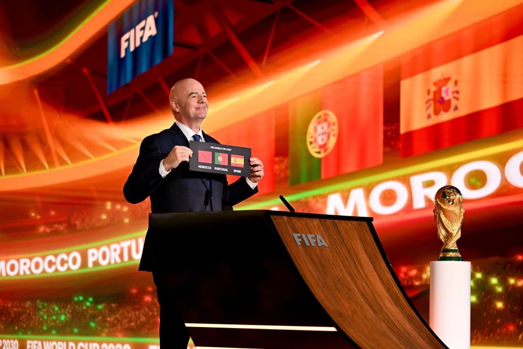 FIFA President Gianni Infantino announces Morocco, Portugal and Spain as the hosts of the FIFA World Cup 2030 during the Extraordinary FIFA Congress 2024 at the Home of FIFA, Zurich, Switzerland, Dec. 11, 2024. (Getty Images Photo)