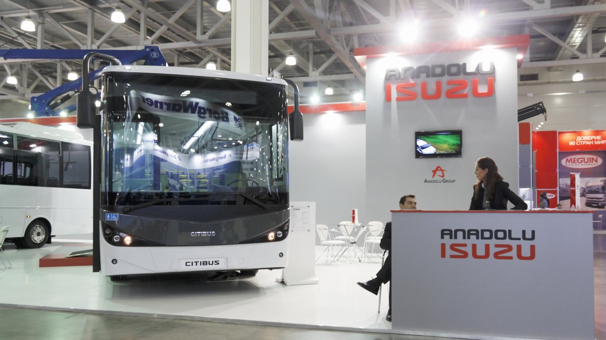 A bus of Anadolu Isuzu is on display at a fair in Moscow, Russia, Sept. 12, 2013. (Shutterstock Photo)