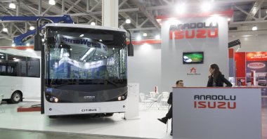 A bus of Anadolu Isuzu is on display at a fair in Moscow, Russia, Sept. 12, 2013. (Shutterstock Photo)