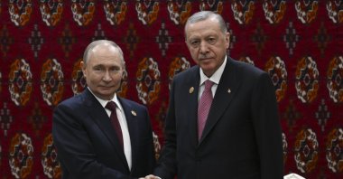 Russian President Vladimir Putin (L) and President Recep Tayyip Erdoğan attend a meeting, Ashgabat, Turkmenistan, Dec. 12, 2025. (Reuters Photo)