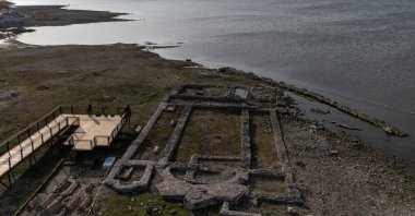 A drone view shows the remains of the sunken Byzantine Basilica of St. Neophytos by Lake Iznik, Bursa, Türkiye, Nov. 21, 2025. (Reuters Photo)
