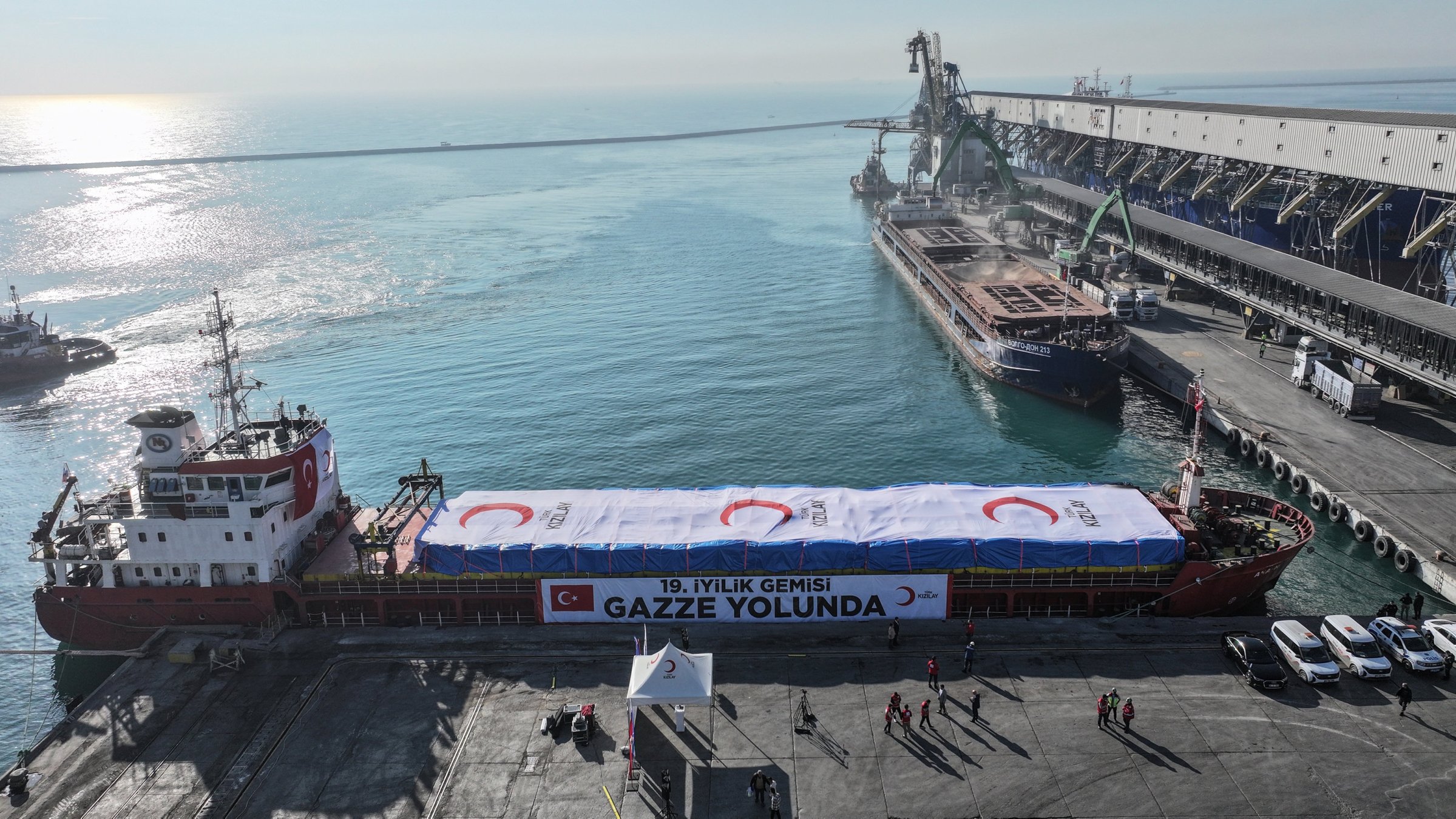 The Turkish Red Crescent’s 19th “Goodness Ship,” carrying about 1,300 tons of humanitarian aid bound for Gaza, is seen docked at the International Port of Mersin, southern Türkiye, Dec. 13, 2025. (AA Photo)