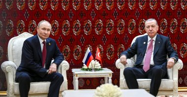 Russian President Vladimir Putin and Turkish President Tayyip Erdoğan attend a meeting in Ashgabat, Turkmenistan, Dec. 12, 2025. (Reuters Photo)