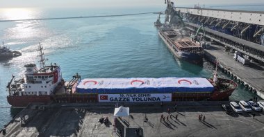 The Turkish Red Crescent’s 19th “Goodness Ship,” carrying about 1,300 tons of humanitarian aid bound for Gaza, is seen docked at the International Port of Mersin, southern Türkiye, Dec. 13, 2025. (AA Photo)