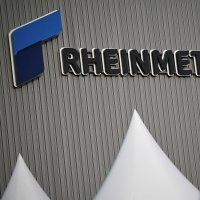Logo of Rheinmetall, on the day of the inauguration of its new artillery plant, Unterluess, Germany, Aug. 27, 2025. (Reuters Photo)