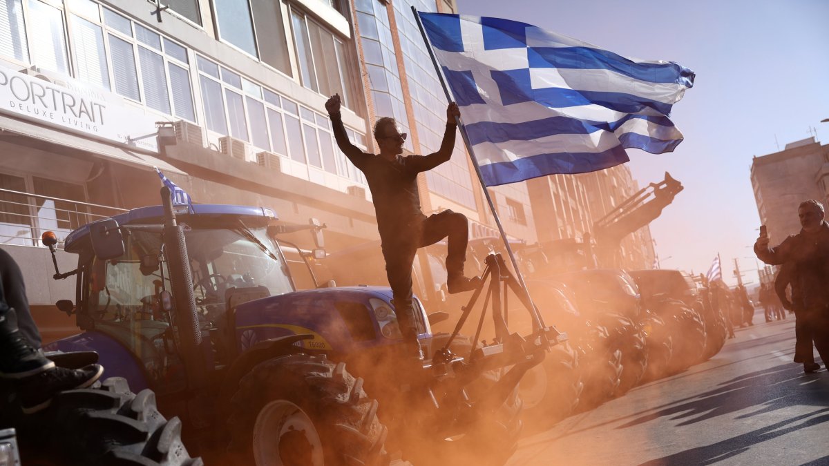 Farmers participate in a rally at the port of Thessaloniki, Greece, Dec. 12, 2025. (EPA Photo)