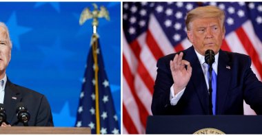 A combination picture of Democratic U.S. presidential nominee Joe Biden making a statement on the 2020 U.S. presidential election results on Nov. 5, 2020, and U.S. President Donald Trump speaking about the early results of the 2020 U.S. presidential election on Nov. 4, 2020.  (Reuters Photo)