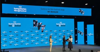 Director Ahmed Deeb receives the TRT Special Award for “Farfour: A War Diary from Gaza” during the award ceremony, Istanbul, Türkiye, Dec. 13, 2025. (Photo by Amez Ahmed)