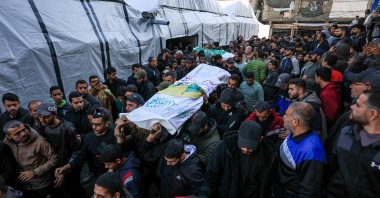 Mourners carry bodies during the funeral of Hamas's senior commander Raed Saed and his aides, who were killed in an Israeli strike a day earlier, in Gaza City, Palestine, Dec. 14, 2025. (Reuters Photo)
